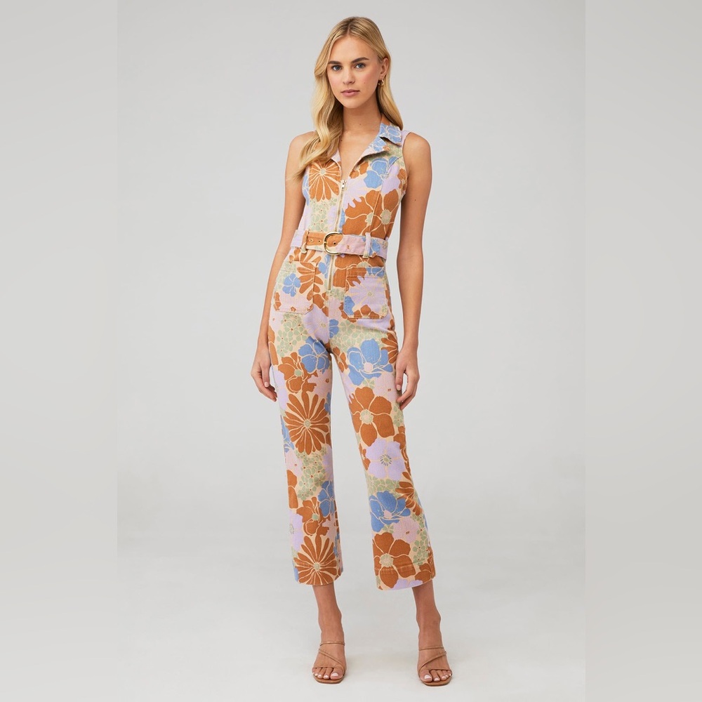 Show Me Your MuMu Floral Collared Belted Jumpsuit in Brown, Blue, Pink